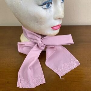 Vintage Narrow Pink Ladies Scarf with Embroidered Scalloped Ends Necktie Bow